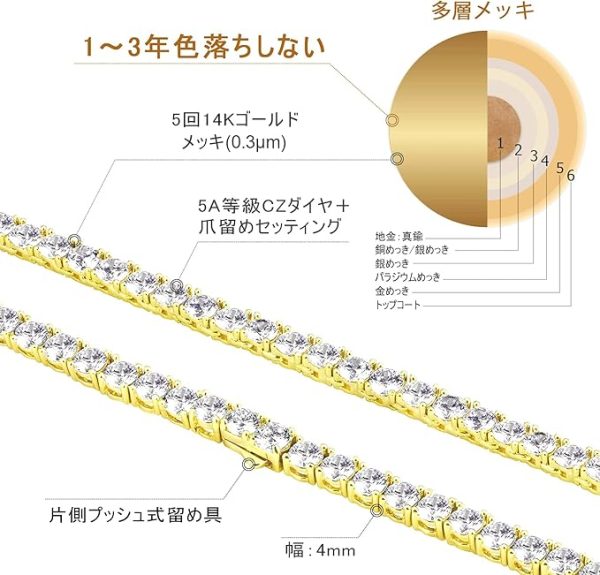 テニスチェーン テニスネックレス 幅3/4/5mm CZダイヤ 14K金メッキ メンズ レディース チェーンネックレス ジルコニア - 画像 (22)